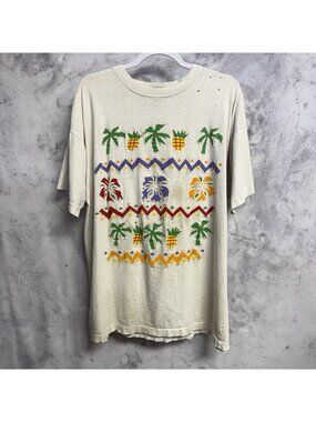 Vintage 90s Pineapple Floral Art T Shirt White Single Stitch Size XL Distressed
